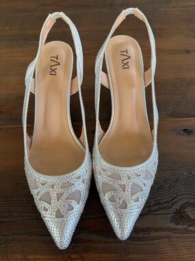 TAXI Silver Embellished Pointed Toe Slingback Heels